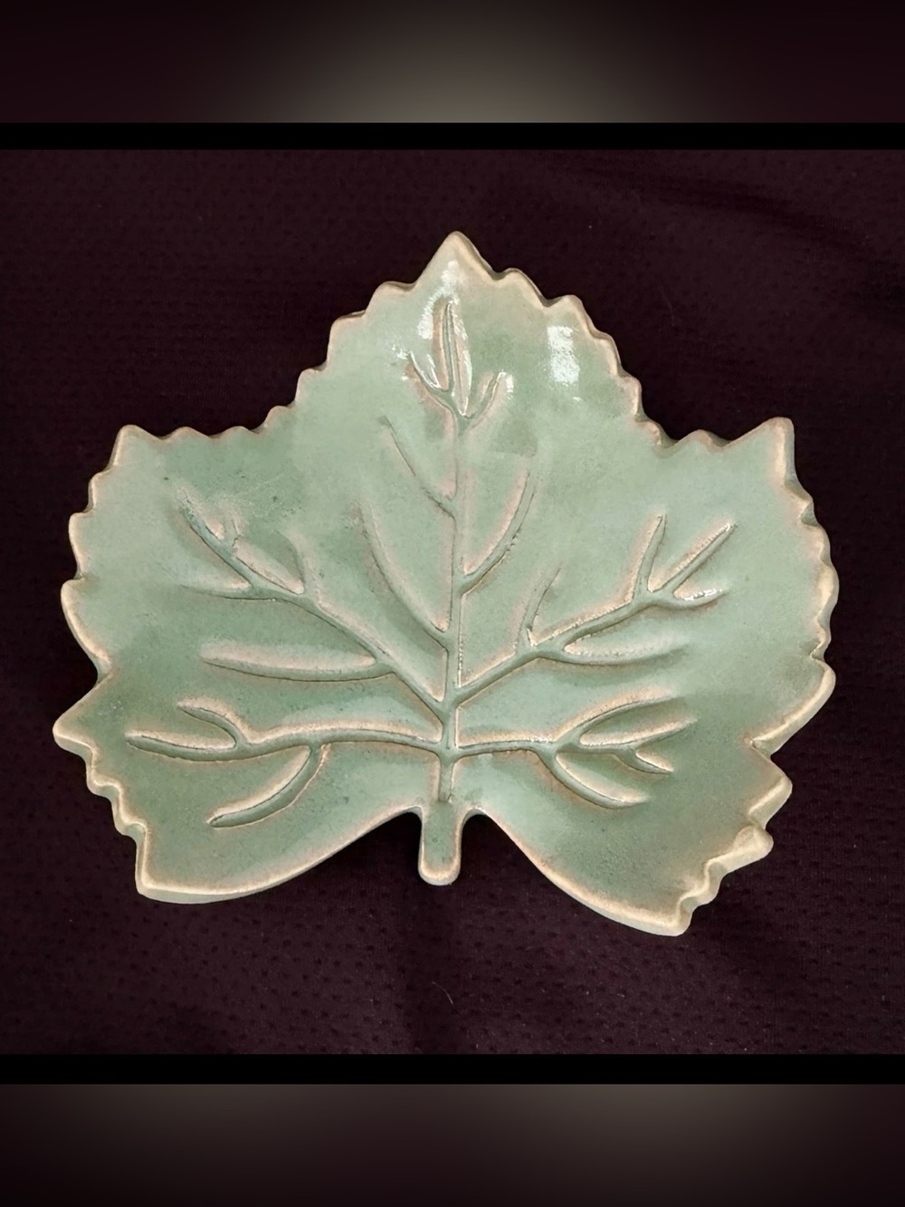 Vintage Pottery Leaf Trinket Dish Green/Gold Trim MCM Signed